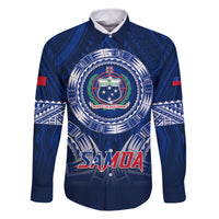 Custom Samoa Rugby Family Matching Off Shoulder Short Dress and Hawaiian Shirt World Cup 2023 Coat Of Arms With Polynesian Pattern LT05 Dad's Shirt - Long Sleeve Blue - Polynesian Pride