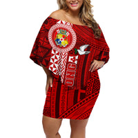 Tonga Rugby Family Matching Off Shoulder Short Dress and Hawaiian Shirt World Cup 2023 Coat Of Arms Ngatu Pattern LT05 Mom's Dress Red - Polynesian Pride