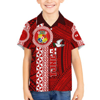 Custom Tonga Rugby Family Matching Summer Maxi Dress and Hawaiian Shirt World Cup 2023 Coat Of Arms Ngatu Pattern LT05 Son's Shirt Red - Polynesian Pride