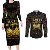 Haiti 1804 Couples Matching Long Sleeve Bodycon Dress and Long Sleeve Button Shirt Polynesian Gold Neg Maron