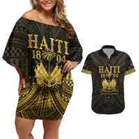 Haiti 1804 Couples Matching Off Shoulder Short Dress and Hawaiian Shirt Polynesian Gold Neg Maron