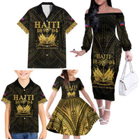 Haiti 1804 Family Matching Off The Shoulder Long Sleeve Dress and Hawaiian Shirt Polynesian Gold Neg Maron LT05 - Polynesian Pride