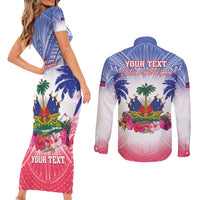 Personalised Haiti Independence Day Couples Matching Short Sleeve Bodycon Dress and Long Sleeve Button Shirt Neg Maron Polynesian Style LT05