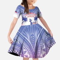 Personalised Haiti Independence Day Family Matching Off Shoulder Maxi Dress and Hawaiian Shirt Neg Maron Polynesian Style LT05 Daughter's Dress Blue - Polynesian Pride