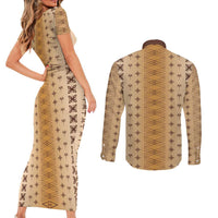Beige Samoa Malu Tattoo Inspired Couples Matching Short Sleeve Bodycon Dress and Long Sleeve Button Shirt - Polynesian Pride