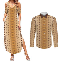 Beige Samoa Malu Tattoo Inspired Couples Matching Summer Maxi Dress and Long Sleeve Button Shirt - Polynesian Pride