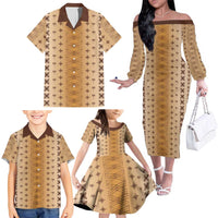 Beige Samoa Malu Tattoo Inspired Family Matching Off The Shoulder Long Sleeve Dress and Hawaiian Shirt LT05 - Polynesian Pride