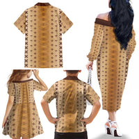 Beige Samoa Malu Tattoo Inspired Family Matching Off The Shoulder Long Sleeve Dress and Hawaiian Shirt LT05 - Polynesian Pride