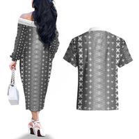 Black Samoa Malu Tattoo Inspired Couples Matching Off The Shoulder Long Sleeve Dress and Hawaiian Shirt - Polynesian Pride