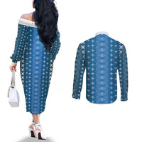 Blue Samoa Malu Tattoo Inspired Couples Matching Off The Shoulder Long Sleeve Dress and Long Sleeve Button Shirt - Polynesian Pride