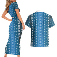 Blue Samoa Malu Tattoo Inspired Couples Matching Short Sleeve Bodycon Dress and Hawaiian Shirt - Polynesian Pride