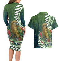 New Zealand Kea Bird Couples Matching Long Sleeve Bodycon Dress and Hawaiian Shirt With Maori Koru Fern LT05 - Polynesian Pride