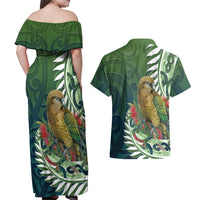 New Zealand Kea Bird Couples Matching Off Shoulder Maxi Dress and Hawaiian Shirt With Maori Koru Fern LT05 - Polynesian Pride