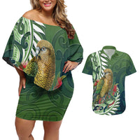 New Zealand Kea Bird Couples Matching Off Shoulder Short Dress and Hawaiian Shirt With Maori Koru Fern LT05 Green - Polynesian Pride