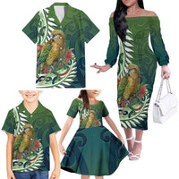 New Zealand Kea Bird Family Matching Off The Shoulder Long Sleeve Dress and Hawaiian Shirt With Maori Koru Fern LT05 - Polynesian Pride