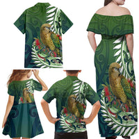 New Zealand Kea Bird Family Matching Off Shoulder Maxi Dress and Hawaiian Shirt With Maori Koru Fern LT05 - Polynesian Pride