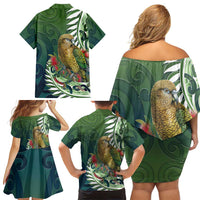 New Zealand Kea Bird Family Matching Off Shoulder Short Dress and Hawaiian Shirt With Maori Koru Fern LT05 - Polynesian Pride