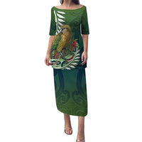 New Zealand Kea Bird Family Matching Puletasi and Hawaiian Shirt With Maori Koru Fern LT05 Mom's Dress Green - Polynesian Pride