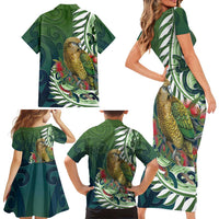 New Zealand Kea Bird Family Matching Short Sleeve Bodycon Dress and Hawaiian Shirt With Maori Koru Fern LT05 - Polynesian Pride