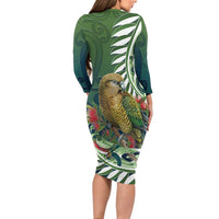 New Zealand Kea Bird Long Sleeve Bodycon Dress With Maori Koru Fern LT05 - Polynesian Pride