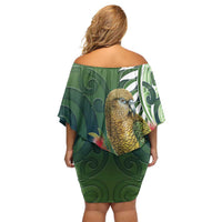 New Zealand Kea Bird Off Shoulder Short Dress With Maori Koru Fern - Polynesian Pride