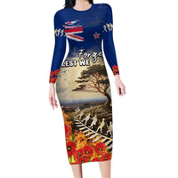 New Zealand ANZAC Day Family Matching Long Sleeve Bodycon Dress and Hawaiian Shirt The Lonesome Pine With Soldier Fern LT05 Mom's Dress Blue - Polynesian Pride