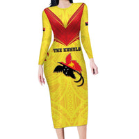 Papua New Guinea Rugby Custom Family Matching Long Sleeve Bodycon Dress and Hawaiian Shirt Kumuls Heritage LT05 Mom's Dress Yellow - Polynesian Pride