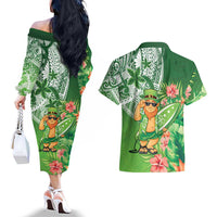 Aloha Hawaii St Patrick's Day Couples Matching Off The Shoulder Long Sleeve Dress and Hawaiian Shirt Polynesian Style