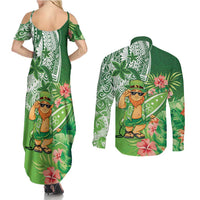 Aloha Hawaii St Patrick's Day Couples Matching Summer Maxi Dress and Long Sleeve Button Shirt Polynesian Style