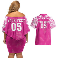 New Zealand Fern Women Rugby Custom Couples Matching Off Shoulder Short Dress and Hawaiian Shirt Pink Maori Pattern