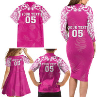 New Zealand Fern Women Rugby Custom Family Matching Long Sleeve Bodycon Dress and Hawaiian Shirt Pink Maori Pattern LT05 - Polynesian Pride