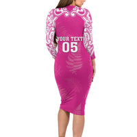 New Zealand Fern Women Rugby Custom Family Matching Long Sleeve Bodycon Dress and Hawaiian Shirt Pink Maori Pattern LT05 - Polynesian Pride