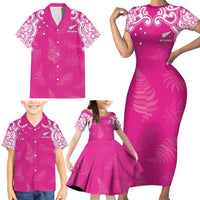 New Zealand Fern Women Rugby Custom Family Matching Short Sleeve Bodycon Dress and Hawaiian Shirt Pink Maori Pattern LT05 - Polynesian Pride