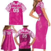 New Zealand Fern Women Rugby Custom Family Matching Short Sleeve Bodycon Dress and Hawaiian Shirt Pink Maori Pattern LT05 - Polynesian Pride
