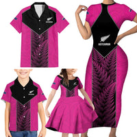 New Zealand Fern Rugby Custom Family Matching Short Sleeve Bodycon Dress and Hawaiian Shirt Pink Maori Pattern LT05 - Polynesian Pride