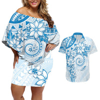 Polynesian Pattern With Plumeria Flowers Couples Matching Off Shoulder Short Dress and Hawaiian Shirt Blue