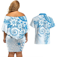 Polynesian Pattern With Plumeria Flowers Couples Matching Off Shoulder Short Dress and Hawaiian Shirt Blue LT05 - Polynesian Pride