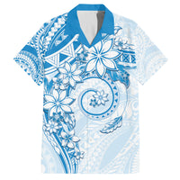 Polynesian Pattern With Plumeria Flowers Family Matching Off The Shoulder Long Sleeve Dress and Hawaiian Shirt Blue