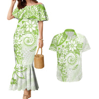 Polynesian Pattern With Plumeria Flowers Couples Matching Mermaid Dress and Hawaiian Shirt Lime Green LT05 Lime Green - Polynesian Pride