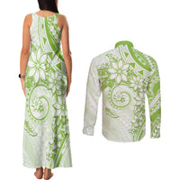 Polynesian Pattern With Plumeria Flowers Couples Matching Tank Maxi Dress and Long Sleeve Button Shirt Lime Green