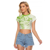 Polynesian Pattern With Plumeria Flowers Raglan Cropped T Shirt Lime Green