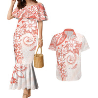 Polynesian Pattern With Plumeria Flowers Couples Matching Mermaid Dress and Hawaiian Shirt Orange Peach