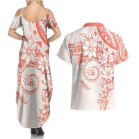 Polynesian Pattern With Plumeria Flowers Couples Matching Summer Maxi Dress and Hawaiian Shirt Orange Peach LT05 - Polynesian Pride