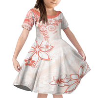 Polynesian Pattern With Plumeria Flowers Family Matching Off The Shoulder Long Sleeve Dress and Hawaiian Shirt Orange Peach LT05 Daughter's Dress Peach - Polynesian Pride