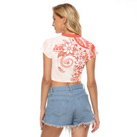 Polynesian Pattern With Plumeria Flowers Raglan Cropped T Shirt Orange Peach
