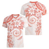 Polynesian Pattern With Plumeria Flowers Women V-Neck T-Shirt Orange Peach