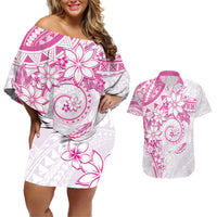 Polynesian Pattern With Plumeria Flowers Couples Matching Off Shoulder Short Dress and Hawaiian Shirt Pink