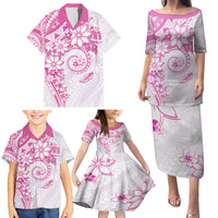 Polynesian Pattern With Plumeria Flowers Family Matching Puletasi and Hawaiian Shirt Pink