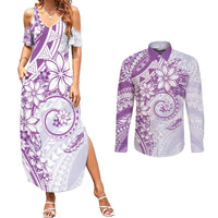 Polynesian Pattern With Plumeria Flowers Couples Matching Summer Maxi Dress and Long Sleeve Button Shirt Purple LT05 Purple - Polynesian Pride