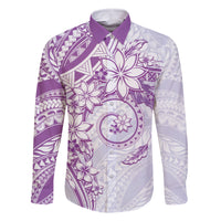 Polynesian Pattern With Plumeria Flowers Family Matching Long Sleeve Bodycon Dress and Hawaiian Shirt Purple